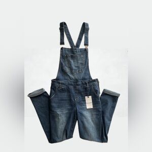 blue Jean overalls. Short zipper, optional cuffed bottoms, adjustable straps